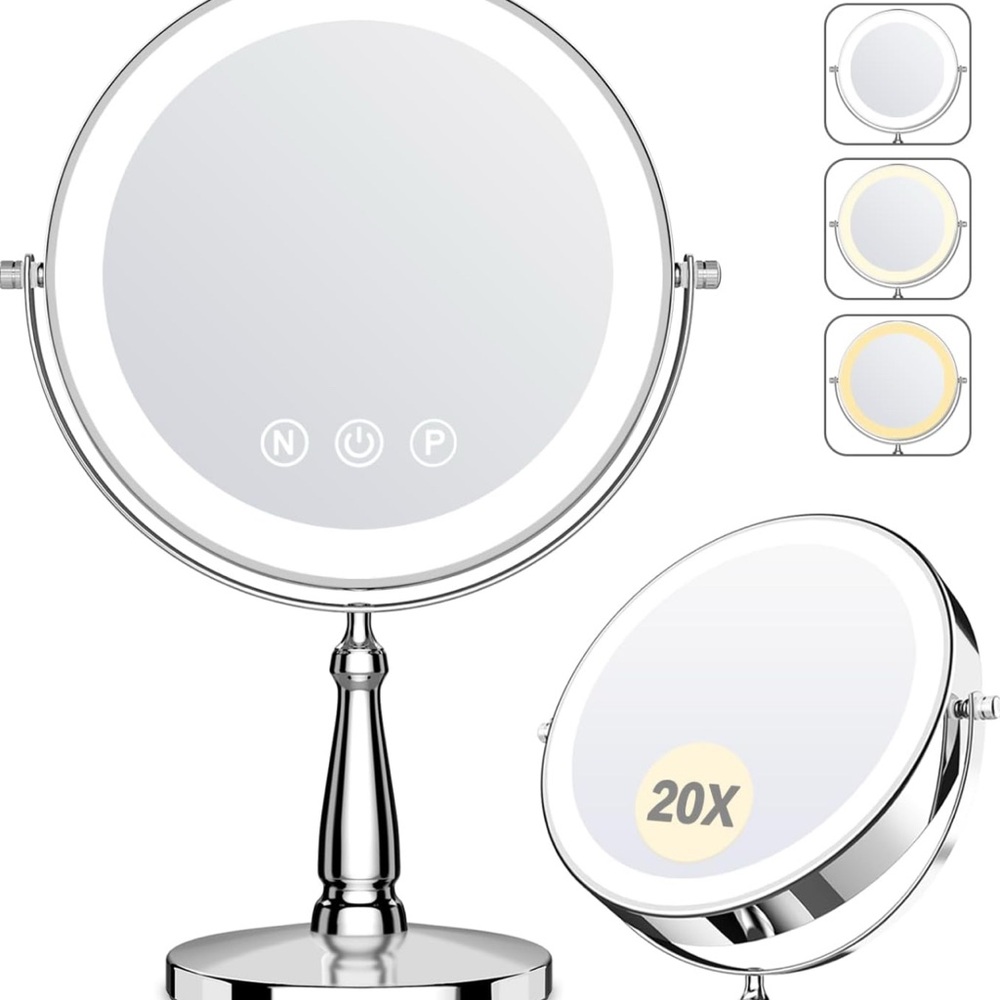 Silver LED Vanity Mirror with 20X Magnification